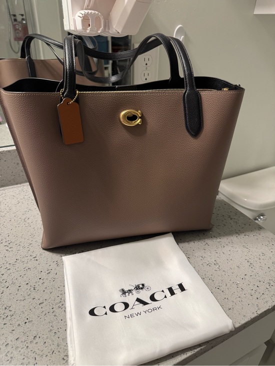 Coach Handbags - Coach Two-Tone Pebbled Leather Tote Bag in Taupe and Black